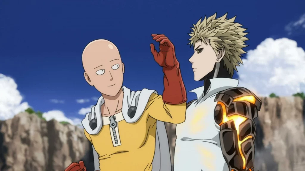 Saitama dan Genos yang sedang melakukan latihan di One Punch Man